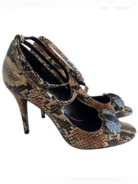 BCBG Tan/Brown/Black "Snakeskin" Open Toe Ankle Strap Stiletto Trilogy Heel